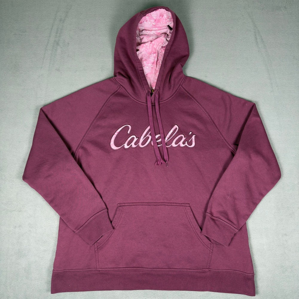 Cabela's Pink Camo Fleece Lined Pullover Hoodie Womens 2XL Burgundy Spellout